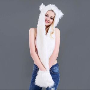Faux Fur Hat Hood Scarf Full Pockets Ear Flat Cap Hoodie Winter Party Costume
